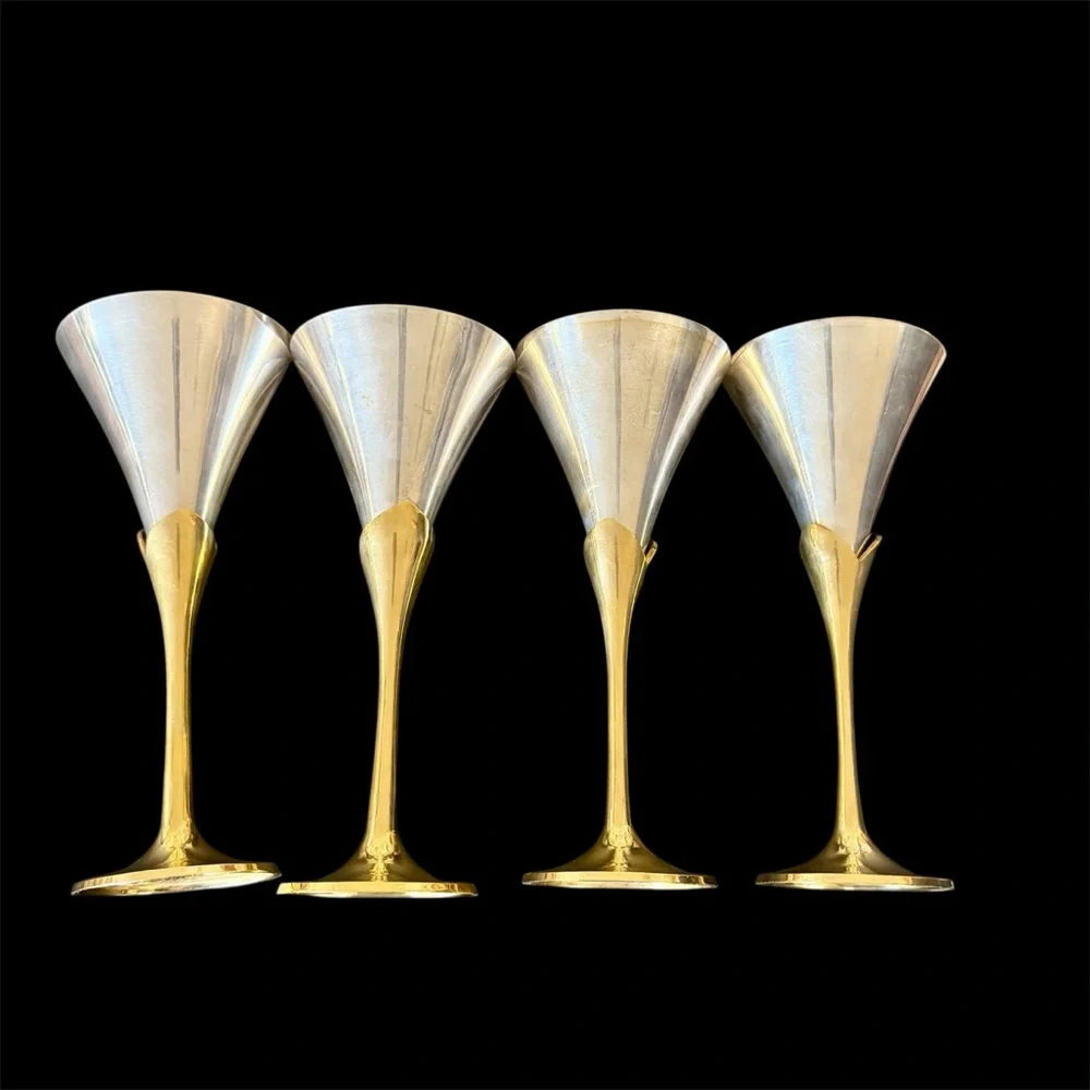 4 Wine goblets Silver Plate, brass stems. Vintage sculptural mid century modern